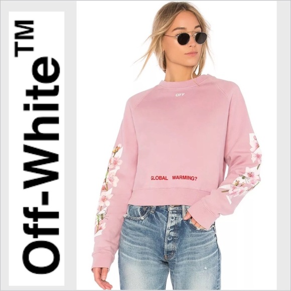 Off White Pink Floral cherry blossoms cropped crew sweatshirt S - Picture 1 of 12